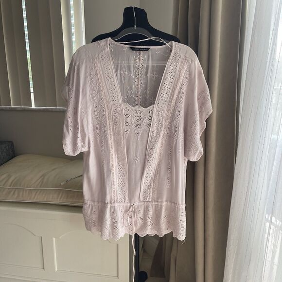 Zara Soft Pink Nude Broderie Anglais Tunic Top Size M - Picture 1 of 6